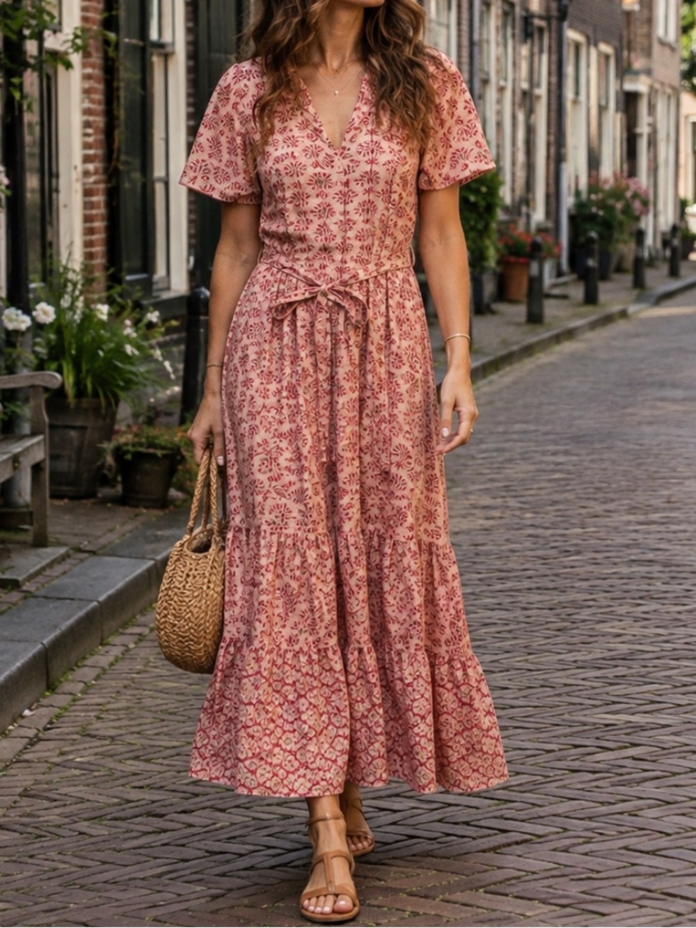 Magari Mosaic Floral Poplin Short Sleeve Belted A-Line Maxi Dress Pink Medium